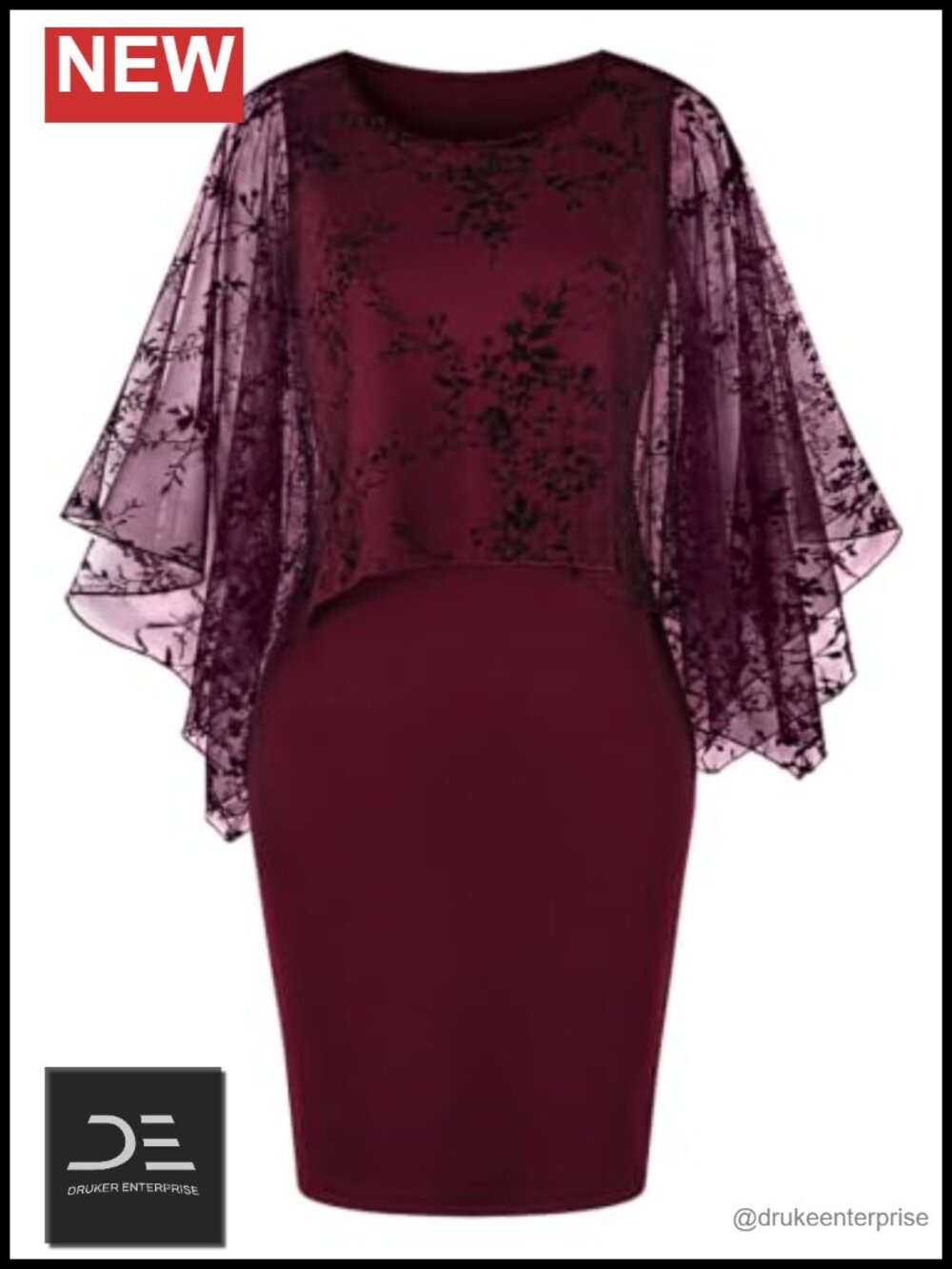 SeSe Code Floral Mesh Cape Dress Wedding Guest Cocktail Knee Length Pencil